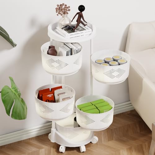 Cesta de almacenamiento giratoria de 5 niveles para frutas y verduras con ruedas, soporte de plástico móvil para cocina, color blanco