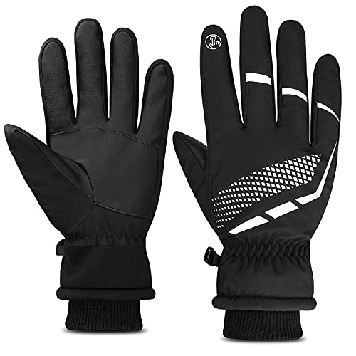 BRGOOD Guantes Moto Invierno, Guantes Bicicleta Montaña con Pantalla Táctil y Antideslizantes Tiras Reflectantes,Guantes Ciclismo Hombre Algodón de 3M,Guantes MTB Impermeables,Anti-Viento Unisex (L)