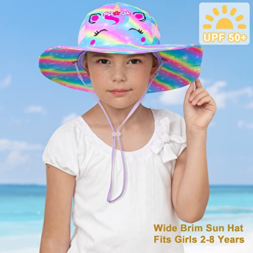 Image of Kids Sun Hat for Toddler Girls Unicorn Bucket Hats UV Protection Summer Hat for Kids Wide Brim Fishing Hat 2-8 Years