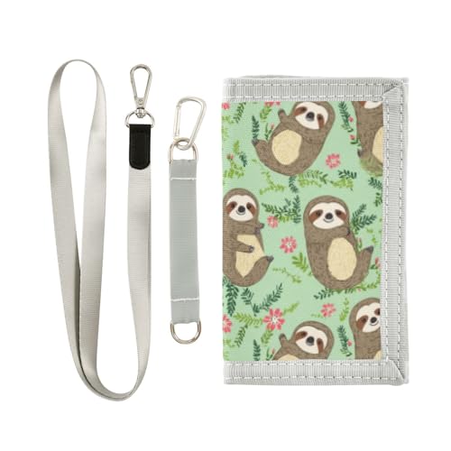 Wusikd Cute Sloths Kids Wallet for Boys Girls Flowers Green Toddler Trifold Wallet Novelty Wallet for Teens Women Men