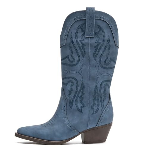 Image of Women's Cowboy Boots Mid Calf Pointed Toe Embroidered Chunky Block Heel | Western style mid-calf boots, breathable lining, all-day comfort,for jeans /dresses,concerts, daily wear, travel.