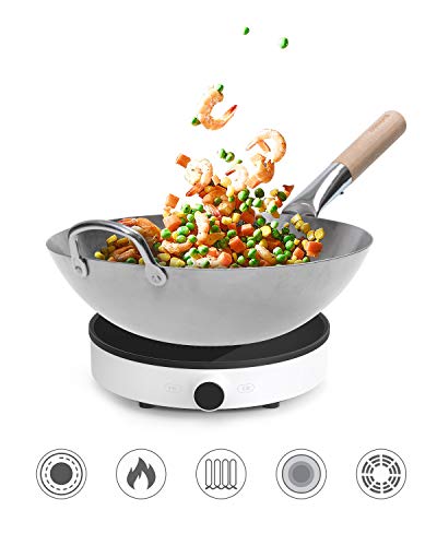 Bielmeier 13.4 Inch Traditional Carbon Steel Pow Wok, Hand Hammered Woks And Stir Fry Pans, Flat Bottom Wok Pan With Wooden And Steel Helper Handle #TOP4