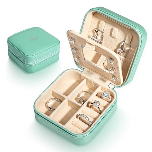 AnuClub Joyero pequeño, organizador de joyas de viaje para mujer, estuche portátil de piel sintética con espejo para aretes, anillos y collares