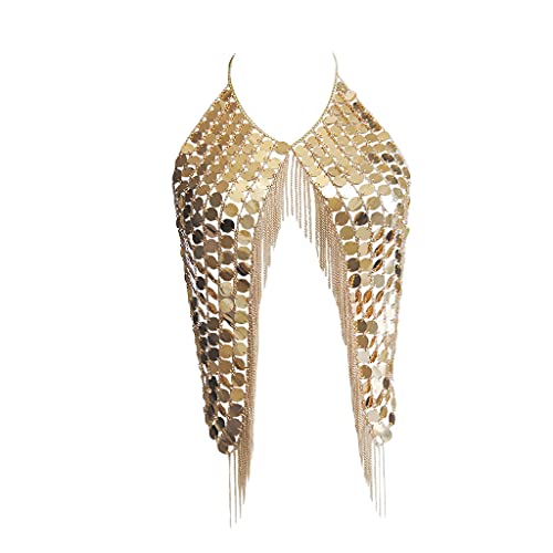 YWCUTE Women's body chain sexy tassel Sequin bra jewelry sling body chain wedding Halloween Costume Top Party Beach jewelry golden