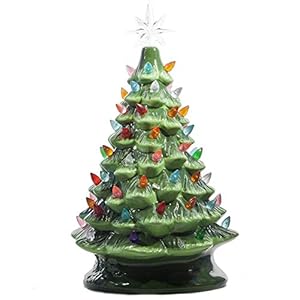 Christmas is Forever Lighted Tabletop Ceramic Tree, 16 Inch Green Tree with Multicolored Lights