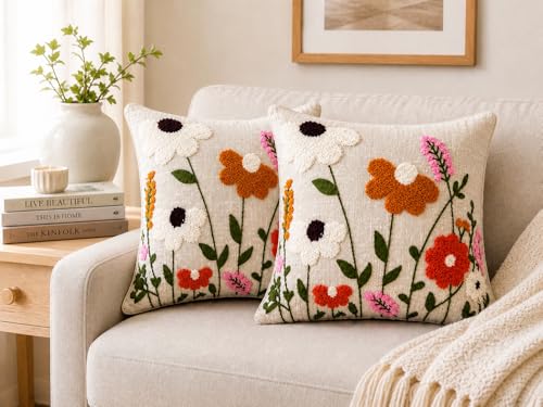 Image of Prista Embroidered Cushion Covers Set of 2 (16x16 Inch) | Floral Cushion Cover for Sofa | Decorative Throw Pillow Covers for Living Room | Hidden Zipper (Multicolor Floral)
