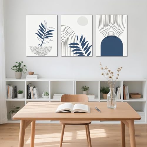 Navy Blue Boho Canvas Wall Art Set of 3 Abstract Bohemian Poster Wall Decor Minimalist Mid-Century Modern Picture Print Geometric Botanical Lines Painting for Bedroom Office Bathroom 16x24in Framed by GJJXYCZF - Used condition - Image 6
