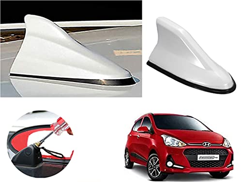 Auto Pearl Shark Fin Antenna Universal Replacement Car Antenna Roof Aerial ABS Material Waterproof Rubber Ring AM FM Radio Signal Compatiable with – I10 Grand 2017 – (Color White)