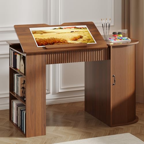 Lurinthal Drafting Table with Storage Cabinet & Drawers Crafting Table with Open Shelves Fluted Drawing Desk Computer Desk for Artists Painters Drawing Crafting Reading Writing Working