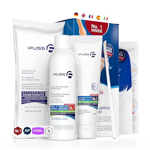 Mr. Fuss® No. 1 - Advanced Pack Steel - Klein, Nagelhaut- Hornhautentferner Sparpaket 4 tlg. Aktiv-Lösung Schnell & Stark erweichend - 200 ml, Balsam No. 2-100 ml, Watte, Edelstahl-Schaber
