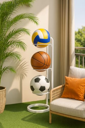 Image of ARHAT ORGANIZERS 3 Tier Sports Ball Stand, Modern Vertical Metal Ball Storage Rack - Holds Basketball, Volleyball, Football - Space-Saving Organizer for Home, Gym, Sports Room