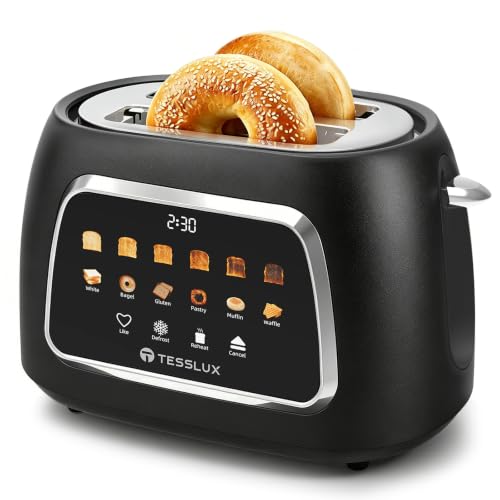 Image of Tesslux 2 Slice Toaster with Touch Screen Control, 1.5 inch Wide Long Slots, 6 Browning Levels & 6 Bread Types, Digital Timer, Memory, Defrost, Reheat (Black, 2 Slice)