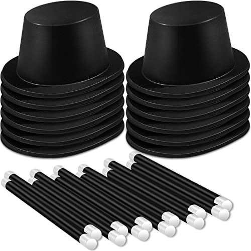 SATINIOR 12 Pcs Magician Black Top Hat Plastic top Hats with 12 Magician Wands Plastic Large Magic Party Favors for Kids Dress up Party Birthday Supplies