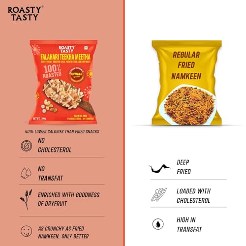 Image of Roasty Tasty Falahari Theekha Meetha Mix Roasted Namkeen Snack 200g | Oil-Free Farari Chiwda | No Onion, No Garlic Farali Namkeen | Healthy Vrat Upwas Fast Namkeen | No Cholesterol No Transfat Healthy Snack for Fasting