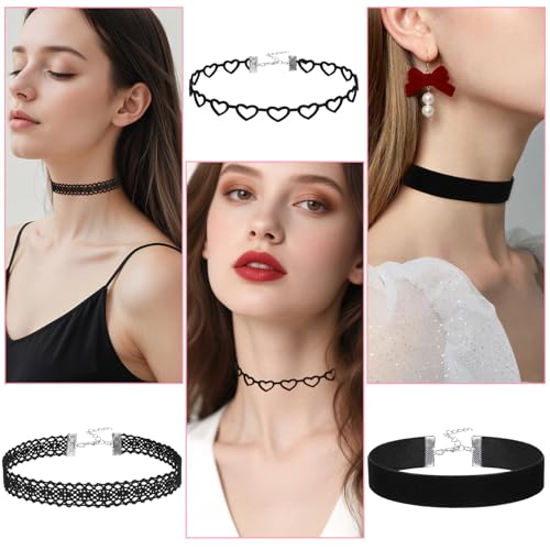 XLIUAX 6 Stück Choker Kette Damen, Schwarz Velvet Choker Halskette Verstellbare Klassische Kropfband Schmuck Gothic Lace Klassische Chokers für Dancing Halloween Geburtstag Party Cosplay