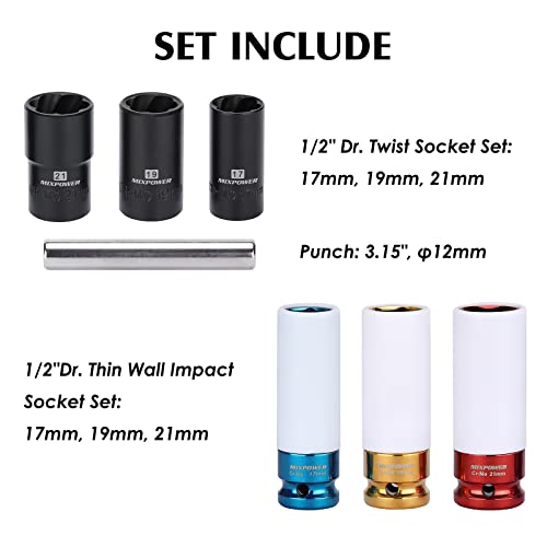 Image of MIXPOWER 7 Pieces 1 /2 inch Dr. Twist Socket and 1 /2 inch Dr. Thin Wall Deep Wheel Protector Impact Socket Set, Lug Nut Remover Extractor Tools, CR-MO, 6-Point, 17, 19, 21mm
