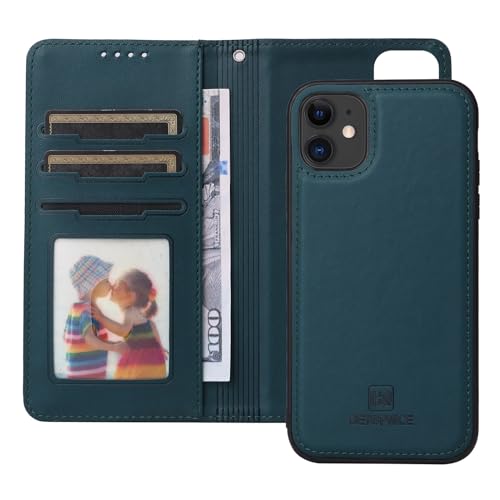 Étui portefeuille iPhone 11 en cuir PU vert avec coque détachable et 6,1 pouces