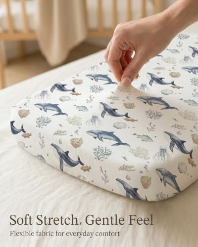 Image of Bassinet Sheets for Baby Girls Boys 2 Pack, Fitted Baby Mattress Sheet for Rectangle, Oval, Hourglass Bassinet Mattress, Breathable Cozy & Universal Fit (Aquatic Adventures, Bassinet Sheet)