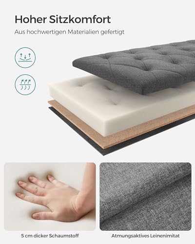 SONGMICS Sitzhocker mit Stauraum, Sitzbank mit Beinen, 40 x 110 x 40 cm Fußbank, Aufbewahrungsbox, bis 300 kg belastbar, für Wohnzimmer Schlafzimmer Flur, dunkelgrau LSF088G01