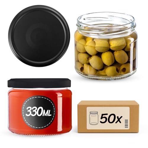KADAX Tarros de cristal para mermelada, 330 ml, con tapa de rosca fi82 mm, para mermelada, miel y mermelada, tarros de cristal con tapa (negro mate, 50 unidades)