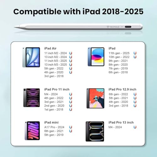 Image of iPad Pencil Stylus Pen, Bluetooth, 10-minute Charge, Palm Rejection, Tilt, Magnetic Attraction, Compatible iPad2018-2025, iPad 10th / 11th Gen, Pro 11, 12.9 & M4, Air 4 /5 /M2 /M3, Mini 6 / A17Pro