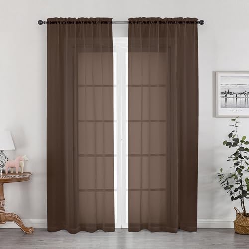 Image of OWENIE Sheer Curtains, Chocolate Sheer Curtains 78 inch Length 2 Panels Set, Rod Pocket Voile Fimly Sheer Drapes for Living Room /Bedroom, 2pcs, Each 42 inch W x 78 inch L