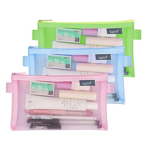 Toplive-3-Pieces-Pencil-Case-Set-Clear-Exam-Pencil-Pouch-Nylon-Mesh-Zipper-Pen-Case-Bag-Makeup-Bag-for-Women-Portable-Office-School-Stationery-Storage-Pouch-for-Students-Adults-Green-Pink-Blue