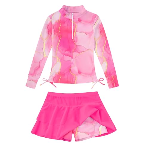 Image of Vogseek 3-12T Girls Rash Guard 2 Pieces Bathing Suit Long Sleeve Swimsuit Swimming Skirt with Shorts Swimwear