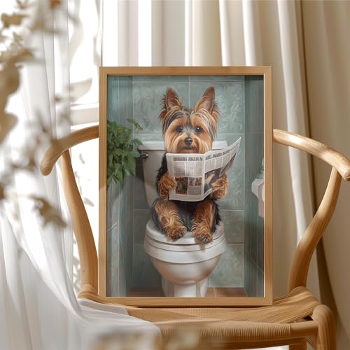 Image of Yorkshire Terrier on Toilet Wood Framed Wall Art Print Poster, Dog Bathroom Humor Decor Posters Prints for Restroom Home Picture Painting Artwork Gallery 7 (Yorkshire Terrier, 10 inchL x 8 inchW, Wood Frame)