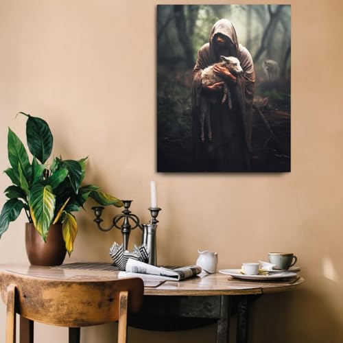 Image of GUN SUPPLIES OUTLET LLC Jesus and Lamb Canvas Wall Art Jesus Rescues A Muddy Lamb Picture Wall Art Christian Home Decor 12x16 inch