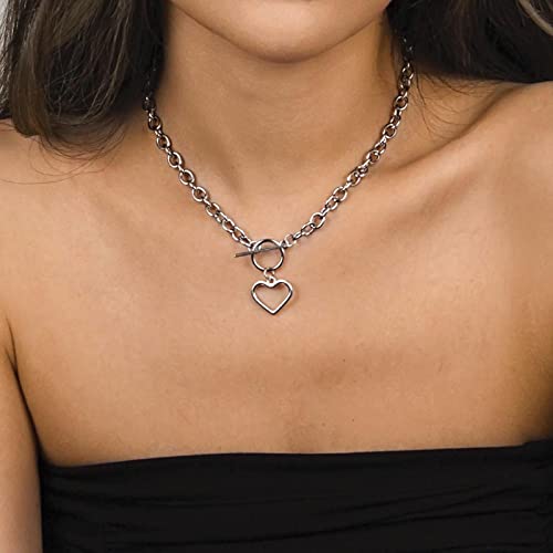 Heart Pendant Choker Necklace Silver Stainless Steel Toggle Necklaces Cable Chain for Women
