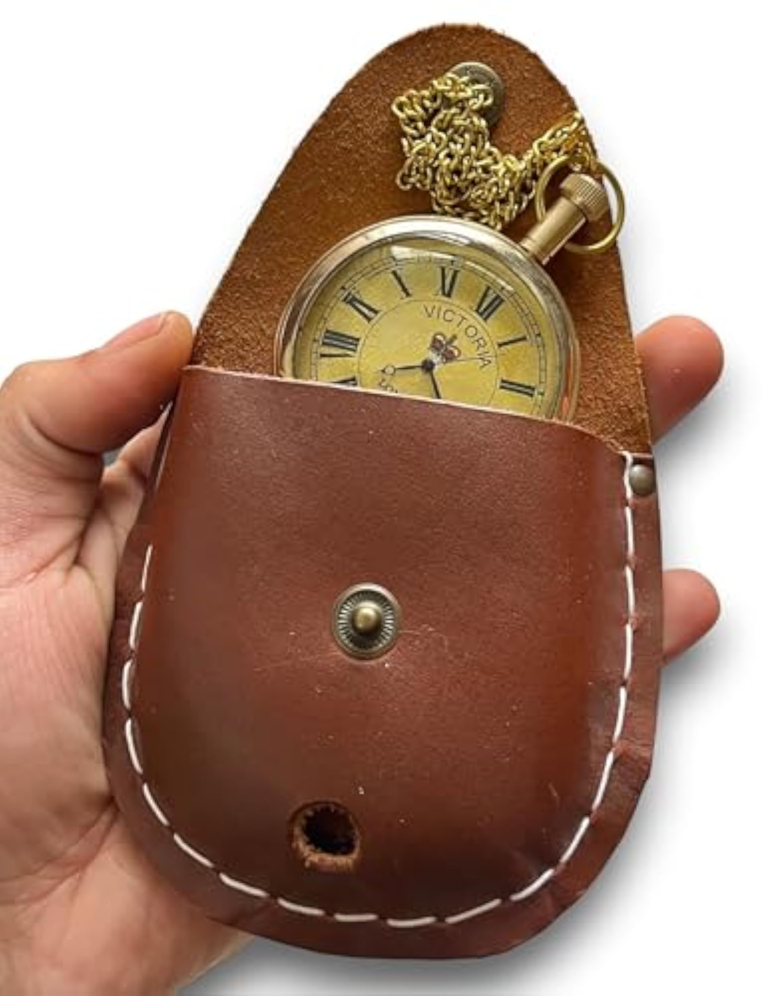 Brass Pocket Watch Chain with Leather Case
