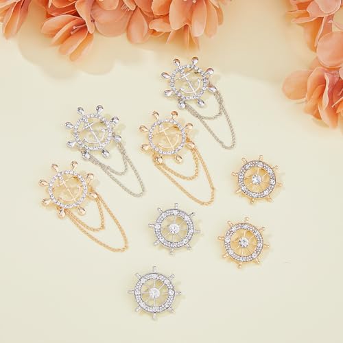Image of SUPERFINDINGS 8Pcs 2 Style 2 Color Anchor Nautical Brooch Crystal Rhinestone Safety Pin Sailor Style Label Pin Steering Badges Vintage Suit Decaration for Man Woman Wedding Party