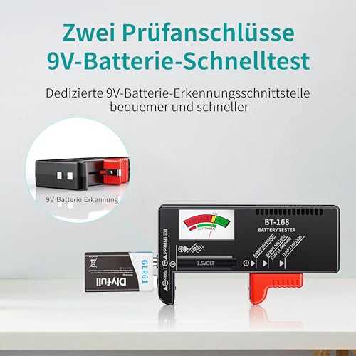 Dlyfull Batterietester – Batterie Tester für AA, AAA, C, D, 9V & 1.5V Knopfzellen – Akku Tester & Batterieprüfgerät ohne Strom – Präzises Batterie Messgerät für Haushalt & Profi (BT-168) 5