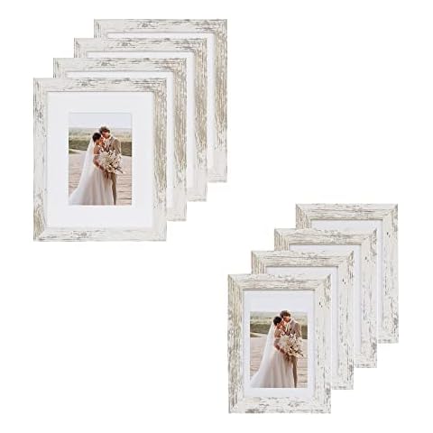 Hongkee 8x10 and 5x7 Picture Frame Set of 8, Made of Real Glass and Distressed White Wood Frame Cover