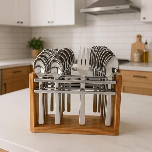 Image of Premium Wooden Cutlery Set Eco-Friendly Utensils for Sustainable Dining and Entertaining,Wooden Hanging Stand, 6 Tea Spoons,6 Table Spoons,6 Table Forks,6 Dinner Spoon, Spoon Set(24 Piece)