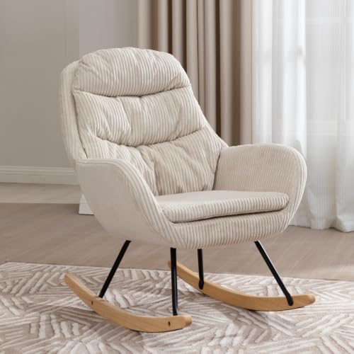 okwish Moderner Schaukelstuhl Wohnzimmer, Cord, Beige, 74 x 94 x 96 cm