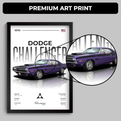 Image of Dodge Challenger Poster | Framed 1970 Challenger A4 Sized (31 x 23 cm) | Muscle Poster for Wall, Gift for Boys, American Muscle Car Frames | Car Posters for Wall, Bedroom, Hostel, Study Area (F 060)
