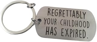 Regrettably Your Childhood Expired Keychain, Laser Engraved, Stainless Steel, Military Tag Shape, 18 Year Old Birthday Gift