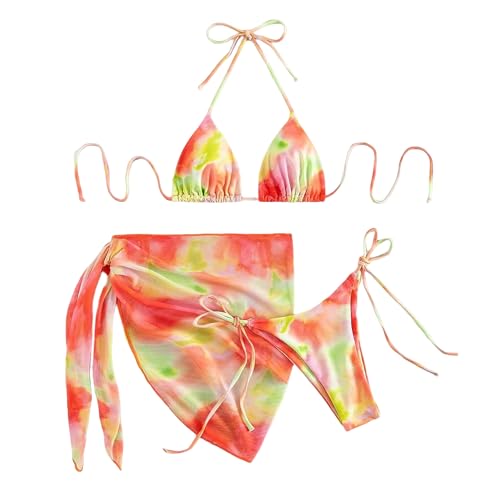 Watreketal Traje de baño de 3 piezas para mujer, teñido anudado, traje de baño con falda de playa para vacaciones