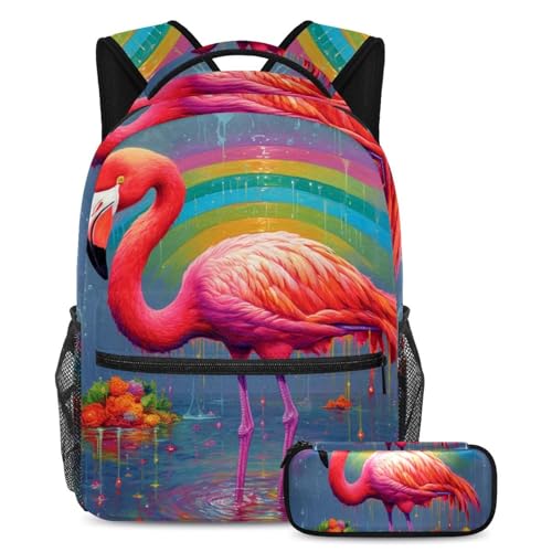 Sac à dos avec trousse à crayons Flamant rose coloré grand format Large