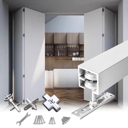 引き戸 レール レール付き二つ折りドア用金具キット、 二つ折り納屋ドア用レールとローラー、 クローゼット用トップマウント折りたたみドア用金具(84in/7ft/213.4cm for 4 Doors)