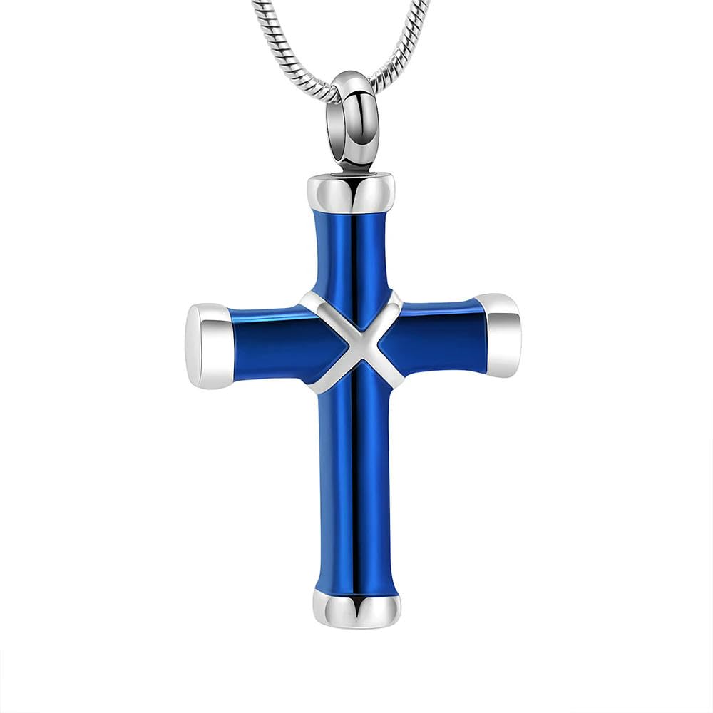 Pendentif bijoux de crémation croix étanche en acier bleu