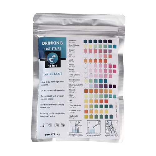 Kits de prueba de agua VED para agua potable 100 tiras - Kit de prueba de agua potable 16 en 1 - Tiras de prueba de agua con dureza, cloro libre, cobre, hierro, plomo, nitrato, nitrito, cloro total, c