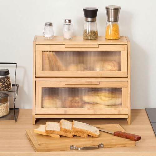 VEVOR Double Layer Bread Box for Kitchen Counter, Large Capacity Bamboo Bread Storage Container, Farmhouse Wooden Breadbox for Homemade Bread, Storage Holder Bin with Acrylic Wavy Door Panel, Natural by VEVOR - Image 2