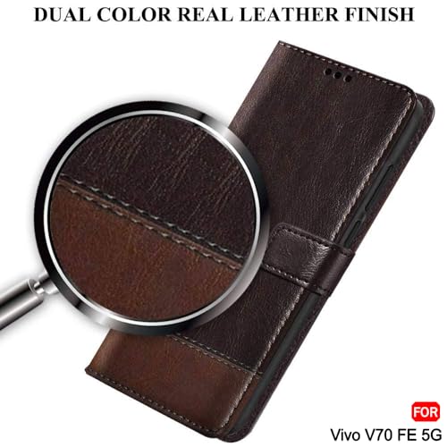 Image of TheGiftKart Flip Back Cover Case for Vivo V70 FE 5G | Dual-Color Leather Finish | Inbuilt Stand & Pockets | Wallet Style Flip Back Case Cover for Vivo V70 FE 5G (Faux Leather, Coffee & Brown)