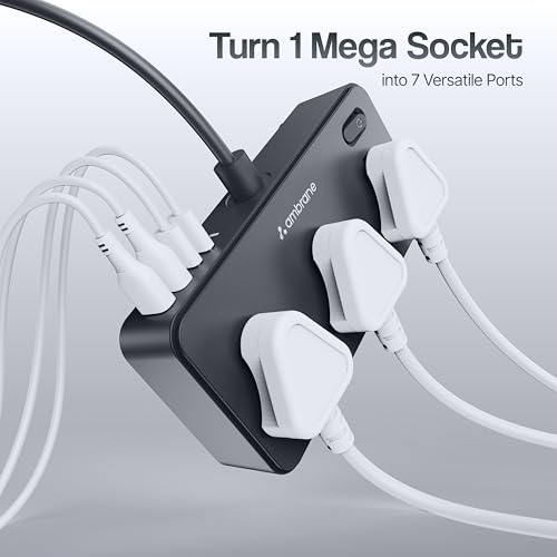 Image of Ambrane 7-in-1 Extension Board, 2 USB, 2 Type C, 3 AC Sockets 2500W, Perfect for Compact Spaces, Charge 7 Devices from 1 Socket, Hangable Cable Design, Works with All Devices (Smartstrip 5, Black)
