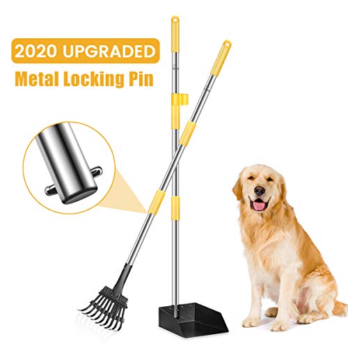 FOCUSPET Dog Pooper Scooper, Upgraded Adjustable Long Handle Metal Pet Poop Tray