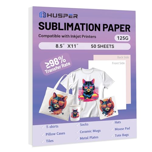 HUSPER Sublimation Paper 8.5x11 Inch, Work with Sublimation Ink and E Sawgrass Inkjet Printers for Mugs T-Shirts Light Fabric and Other Sublimation Blanks (50 Sheets, 125G) (A-8.5x11)