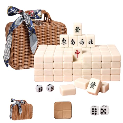 VPH Travel Chinese Mahjong Set Ivory 144 Sheets with Rattan Box and Tablecloth (Ivory)